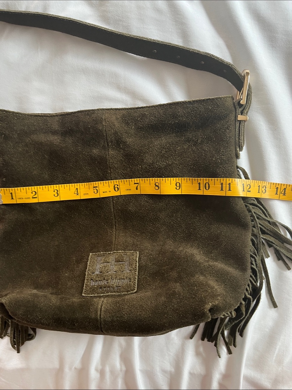 Haute Hippy suede leather bucket hobo purse bag fringe olivegreen shoulder strap - Picture 10 of 11